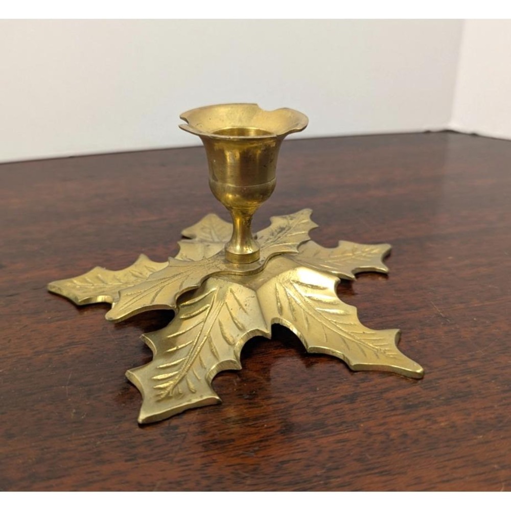Vintage Made in India Brass Holly Leaf Candle Holder Christmas Taper 5.5in